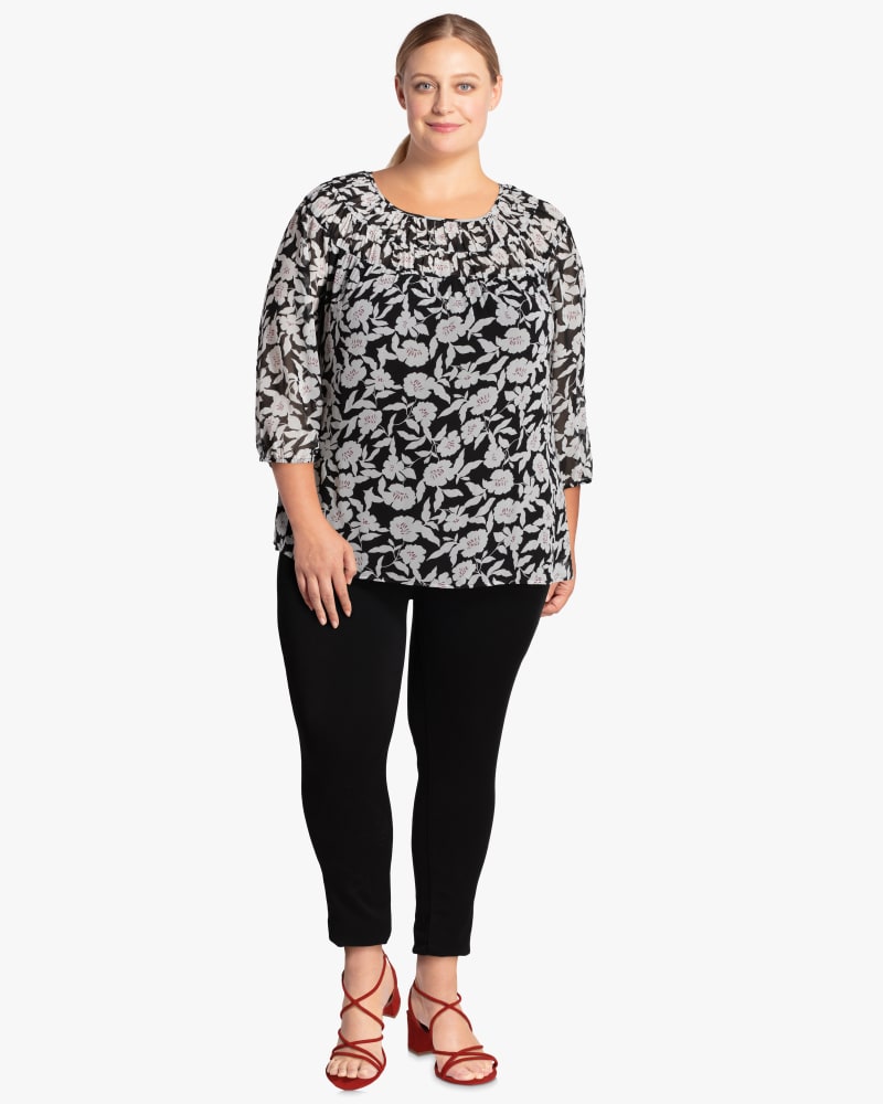 Plus size model with hourglass body shape wearing Anna Pleated Blouse  by Downing Studio | Dia&Co | dia_product_style_image_id:119639